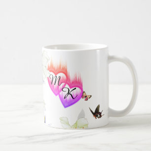 Caneca De Café Corações Flaming de Monograma Duplo com Flores