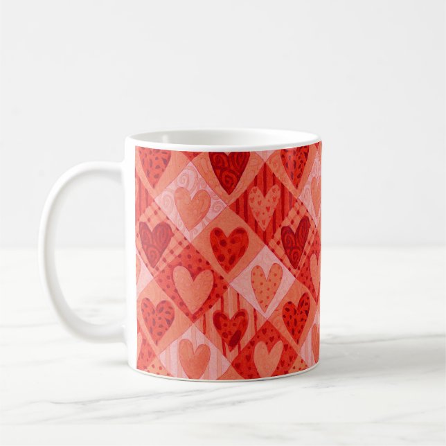 Caneca De Café Corações modernos de retalhos vermelho e rosa (Esquerda)