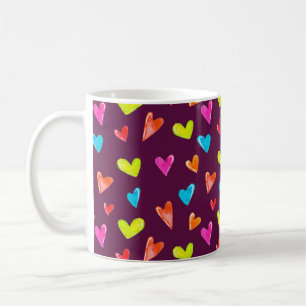 Caneca De Café Corações Multicoloridos: Padrão De Púrpura De Aqua