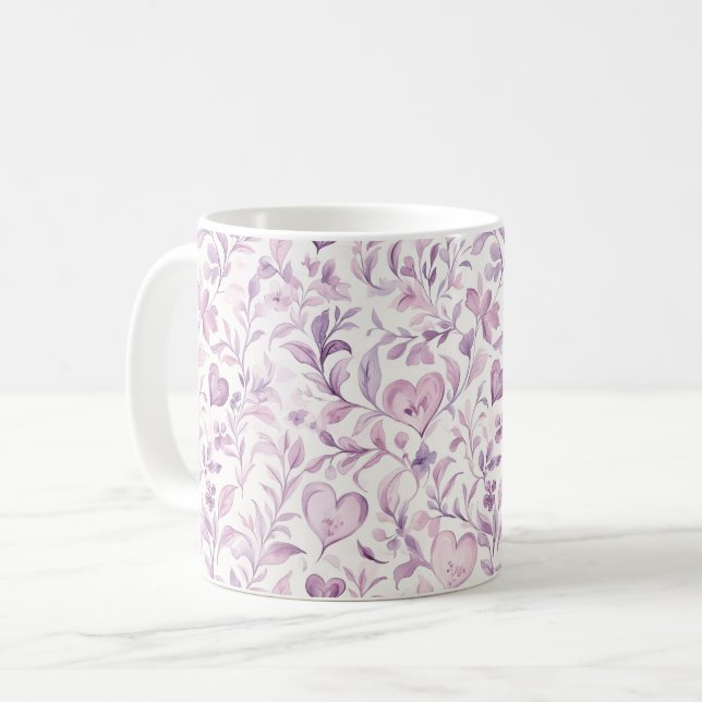 Caneca De Café Corações Rosa Folhas Roxas (Frente Esquerda)