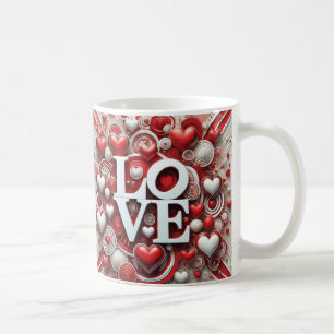 Caneca De Café Corações Vermelhos Brancos Tipografia Dia dos Namo
