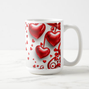 Caneca De Café Corações Vermelhos Brilhantes com Fitas