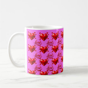 Caneca De Café Corações Vermelhos Brilhantes e Rotulo de Amor em 
