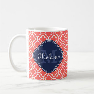 Caneca De Café Coral Brnco Padrão Marroquino Monograma Azul-Marin