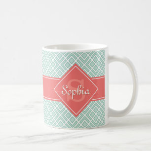Caneca De Café Coral Monograma e Padrão de Diamante da Casa da Mo