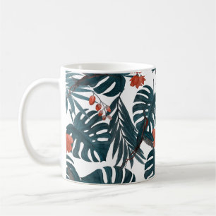 Caneca De Café Cores de água tropicais, folhas, flores, beija-flo