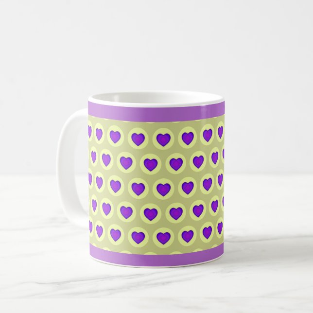 Caneca De Café Cores de pastel e corações roxos batendo (Frente Esquerda)
