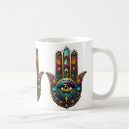 Caneca De Café Cores de Pavão Hamsa com Terceiro Olho Dourado