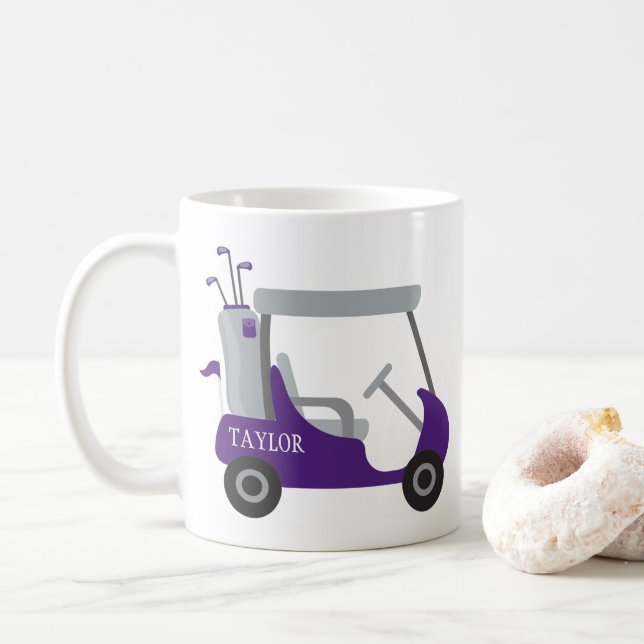 Caneca De Café Cores Escolares - Carrinho de Golfe Roxo e Cinza (Com Donut)