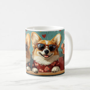 Caneca De Café Corgi Com Rosas Do Coração Dia Dos Namorados