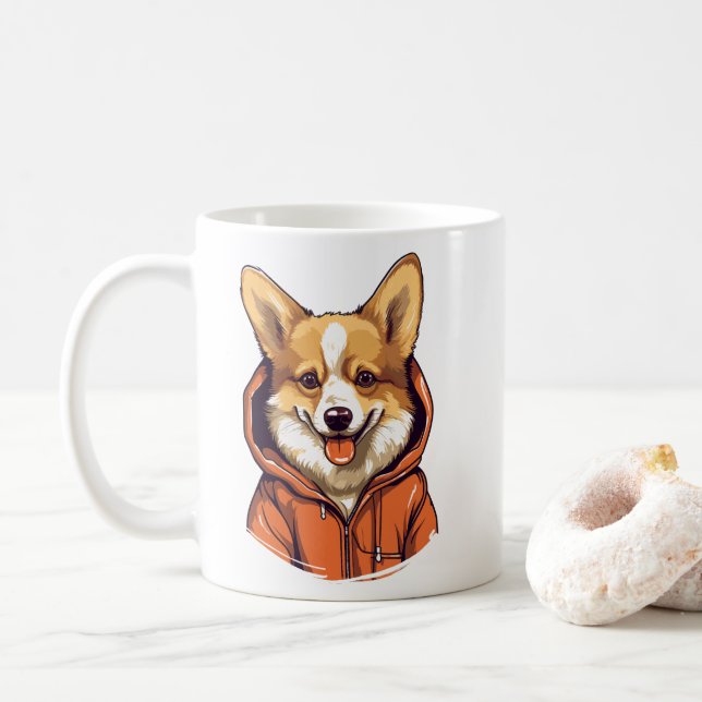 Caneca De Café Corgi Engraçado Vestindo Moletom (Com Donut)