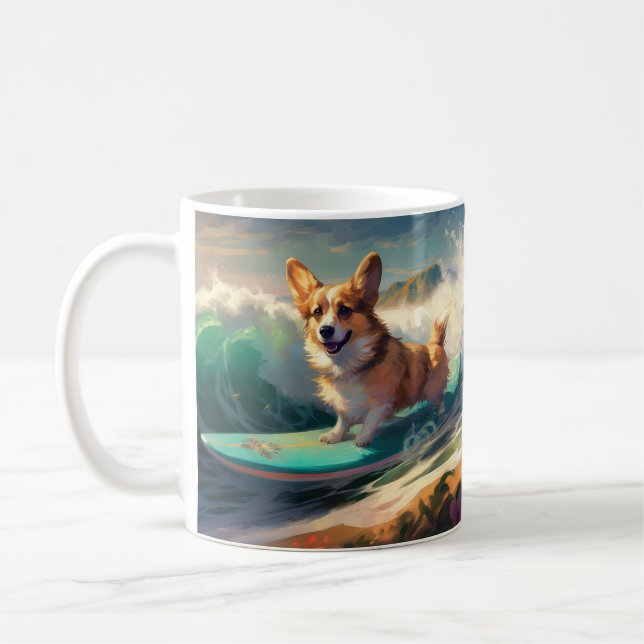 Caneca De Café Corgi  Pintura de Surf na Praia (Esquerda)