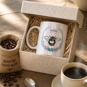 Caneca De Café Coroa de Abelha em Grinalda   Listras Rosa e Branc