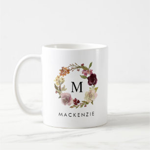 Caneca De Café Coroa de Aquarela Floral com Monograma e Nome