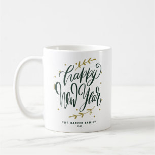 Caneca De Café Coroa de Caligrafia Moderna Feliz Ano Novo Verde