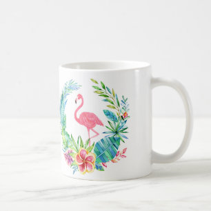 Caneca De Café Coroa de Flamingos Rosa e Flores Tropicais