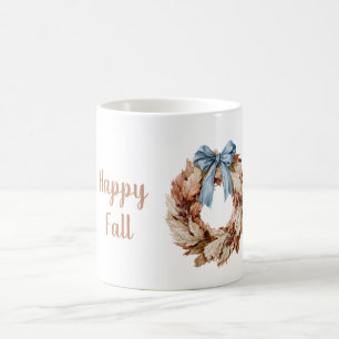 Caneca De Café Coroa de Folhas com Fita Azul para Outono Feliz