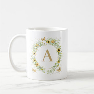 Caneca De Café Coroa de Girassóis Com Monograma de Borboletas