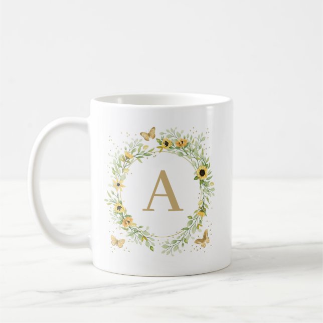 Caneca De Café Coroa de Girassóis Com Monograma de Borboletas (Esquerda)