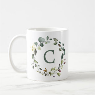 Caneca De Café Coroa de Monograma de Folhagem Botânica Elegante