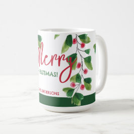 Caneca De Café Coroa de Natal Alegre Vermelho e Verde em Aquarela