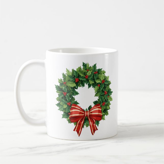 Caneca De Café Coroa de Natal Clássica com Laço Vermelho (Esquerda)