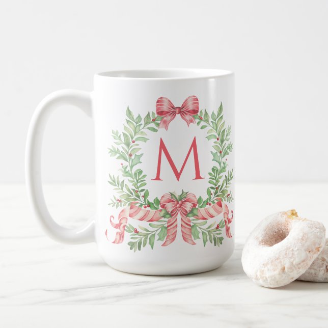 Caneca De Café Coroa de Natal com Monograma (Com Donut)
