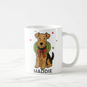 Caneca De Café Coroa de Natal e Laço Vermelho do Airedale Terrier