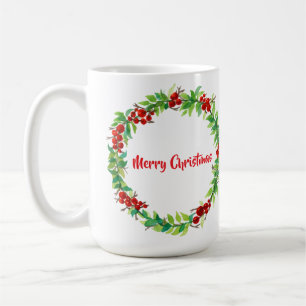 Caneca De Café Coroa de Natal festiva com bagas vermelhas