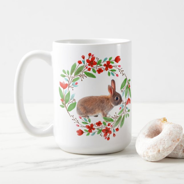Caneca De Café Coroa de Papoula Vermelha com Coelho / Estilo Prim (Com Donut)