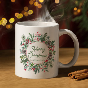 Caneca De Café Coroa de Pinha Botânica Personalizada Feliz Natal