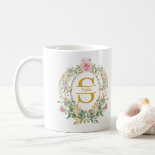 Caneca De Café Coroa Floral Aquarela Monograma Inicial Dourado