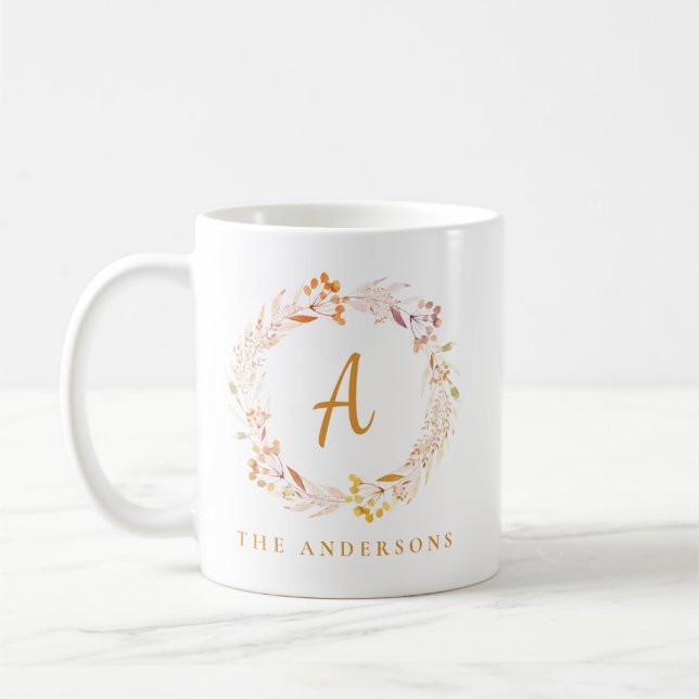 Caneca De Café Coroa Floral Boho Outono | Nome Personalizado (Esquerda)