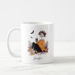 Caneca De Café Coroa Floral de Esqueleto com Temática de Abóbora