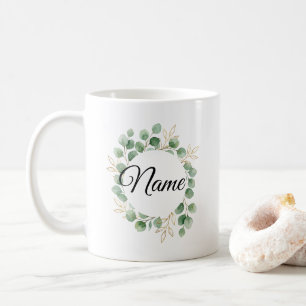 Caneca De Café Coroa Floral de Eucalipto Elegante com Nome Person