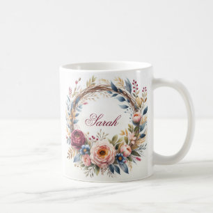 Caneca De Café Coroa Floral Elegante Aquarela Nome Personalizado
