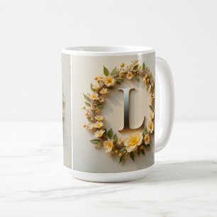Caneca De Café Coroa Floral Elegante com Letra L Dourada