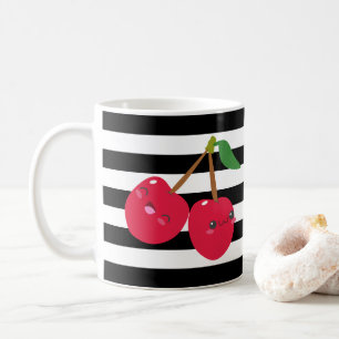 Caneca De Café Corte Kawaii de cereja, preto e branco, com risca