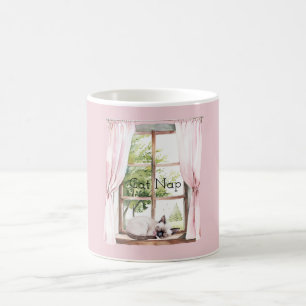 Caneca De Café Cortinas Rosa Gato Cochila Janela
