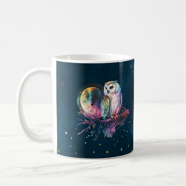 Caneca De Café Coruja-Arco-Íris Mística e Lua Celestial Completa (Esquerda)