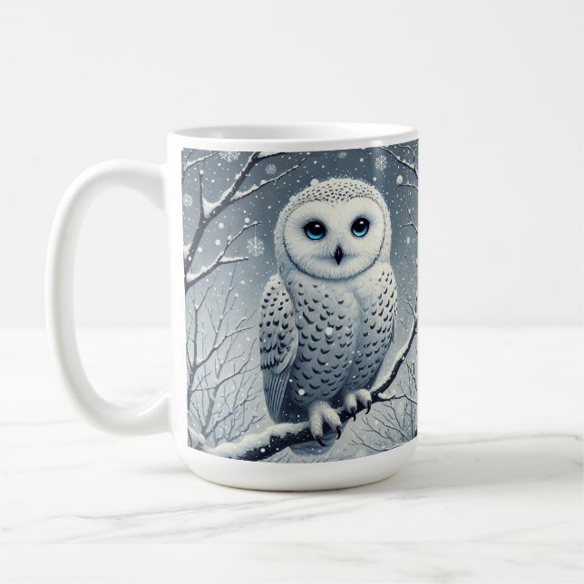 Caneca De Café Coruja da Neve Empoleirada no Galho Nevado  (Esquerda)