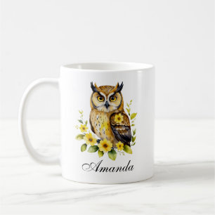Caneca De Café Coruja de Aquarela com Flores Amarelas