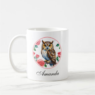 Caneca De Café Coruja de Aquarela Decorativa com Rosas