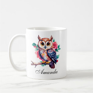Caneca De Café Coruja de Aquarela Floral e Rosas