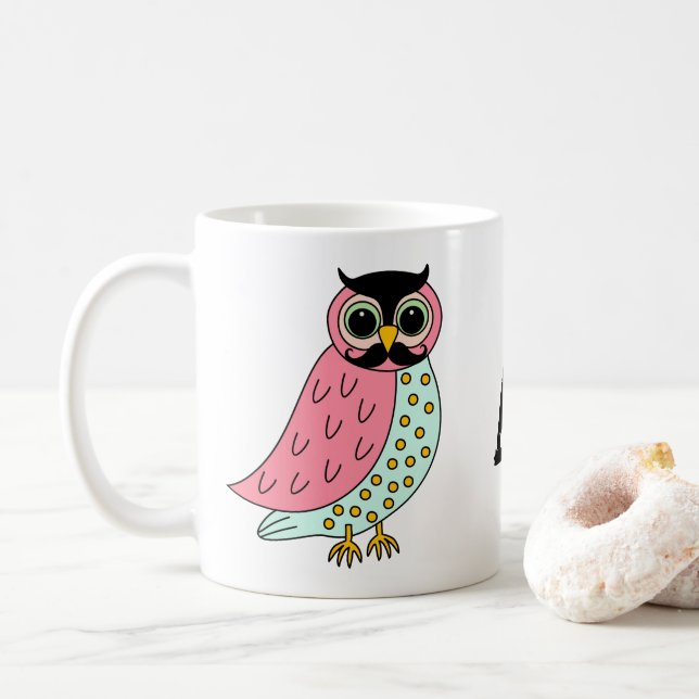 Caneca De Café Coruja retro com monograma do bigode (Com Donut)