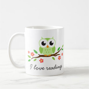 Caneca De Café Coruja verde bonito no ramo que floral eu amo ler
