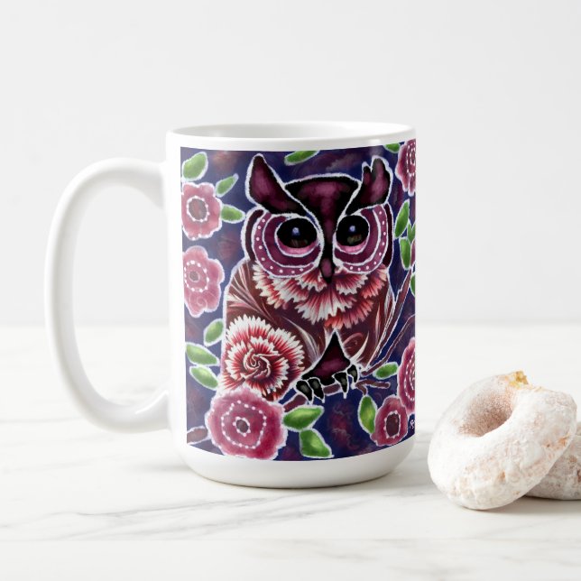 Caneca De Café Coruja Whimsical na ramificação Flor Azul Rosa (Com Donut)