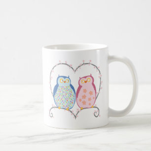 Caneca De Café Corujas bonitos no azul Clipart do rosa do coraç