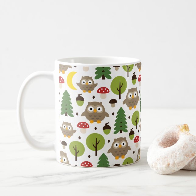 Caneca De Café Corujas Na Floresta (Com Donut)