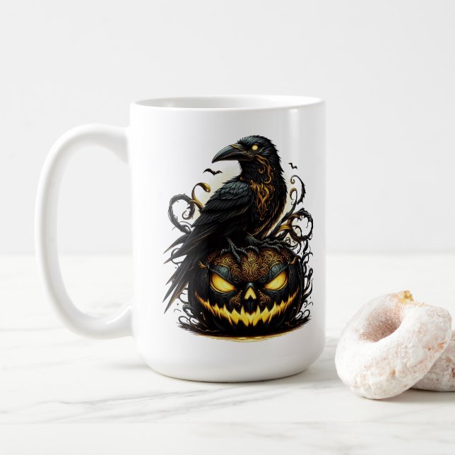 Caneca de Café Corvo de Halloween (Com Donut)